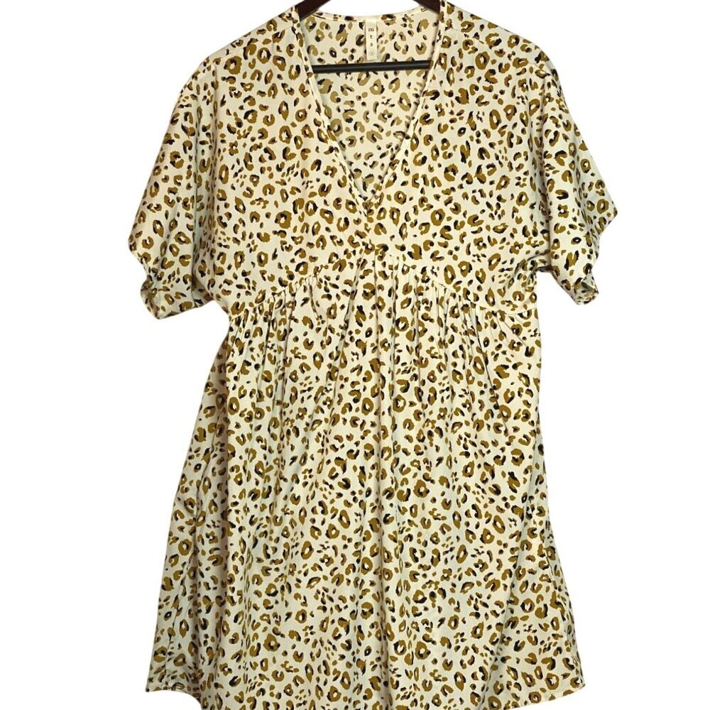 MTS Leopard Print Cream Flutter Sleeve Dress With V-Neck & Pockets Lightweight L - Picture 2 of 8
